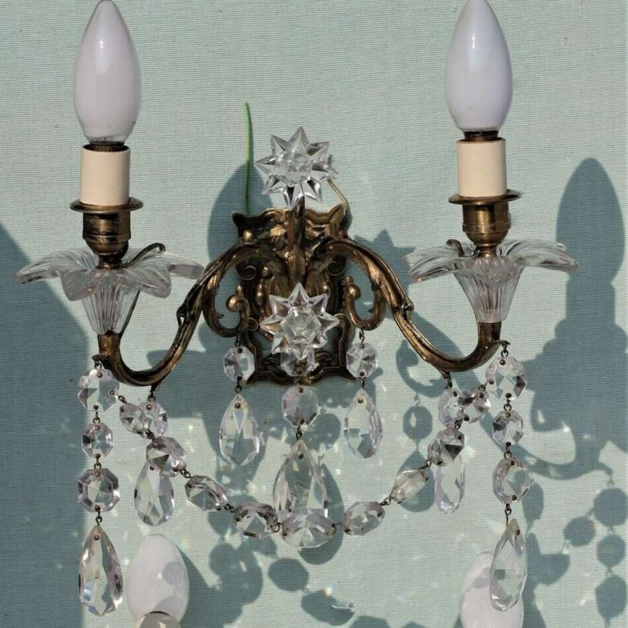 Pairof pretty brass and crystal wall lamps 1920