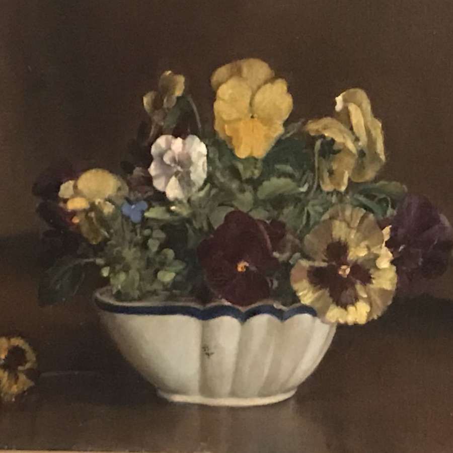 Oil on board of pansies in original frame. Circa 1920.Signed.